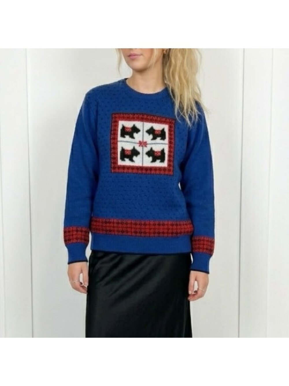 Vintage Scottie Dog Sweater Small Blue Scottish Terrier Dog Novelty Graphic Knit
